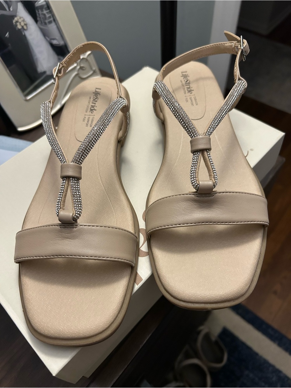 Life Stride Beige T-Strap Slingback Sandals with Metallic Accents